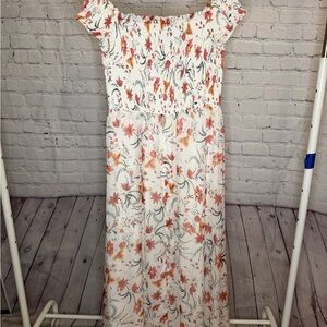 CeCe Floral Off-Shoulder Maxi Dress in Orange and White